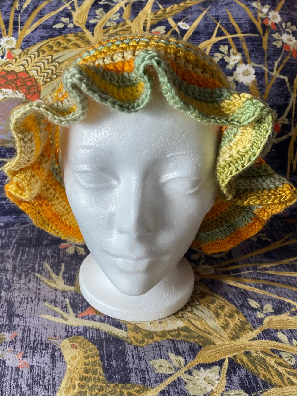 Handmade Ruffle Rim Crochet Bucket Hat Yellow Green Silver